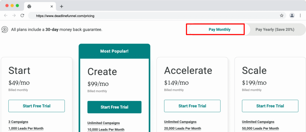 deadline funnel monthly pricing