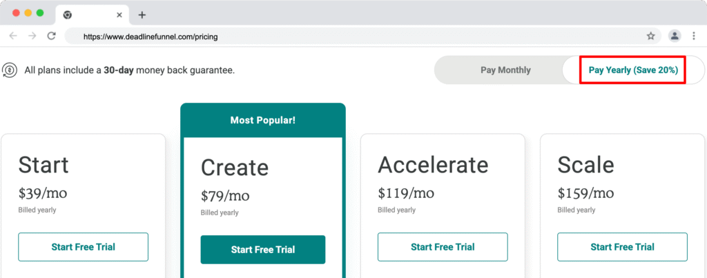 deadline funnel yearly pricing
